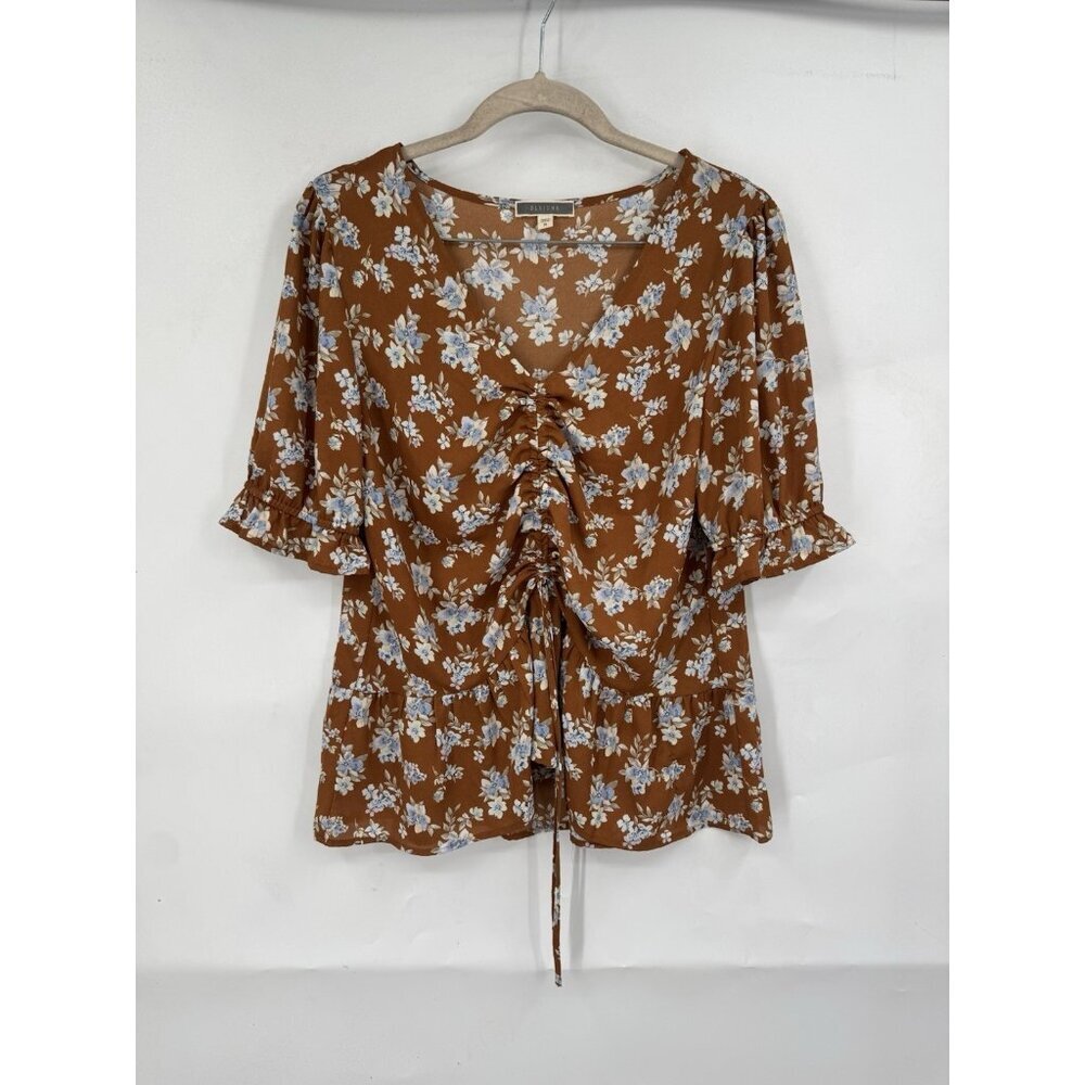 Pleione Floral Blouse Women Medium Rust‎ Orange Cinch Front Peasant Bohemian